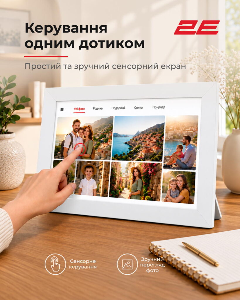 2E DPF10 10″ Digital Photo Frame, IPS, FHD, 1GB, 32GB, 2x1W Speakers, Frameo SW, Touchscreen, White