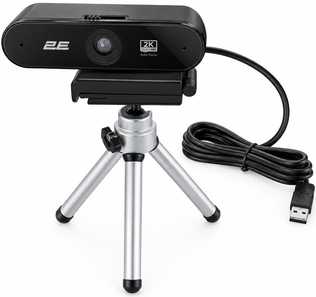 Вебкамера 2E 2K, 30fps, auto focus, трипод, чёрный