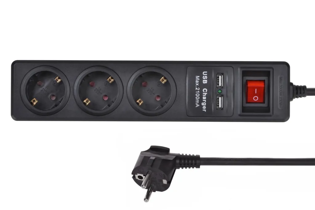 Surge protector 2Е with 3 sockets and a switch, 2хUSB, 3G1.5, 1.8m, black
