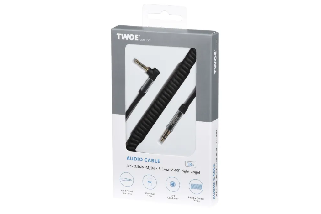 Кабель 2E аудио (jack 3.5мм-M/jack 3.5мм-M) right angel, Coiled 1.8м Black