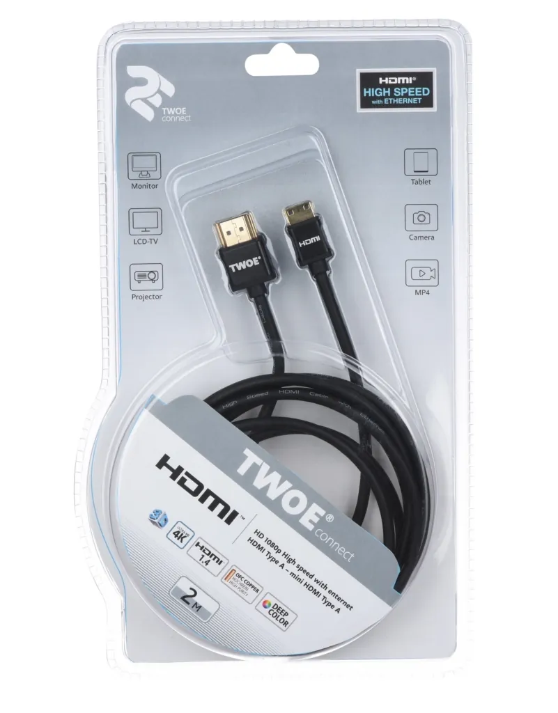 Кабель 2Е Ultra Slim HDMI 1.4 (AM/miniAM) High Speed, Alumium Black 2m