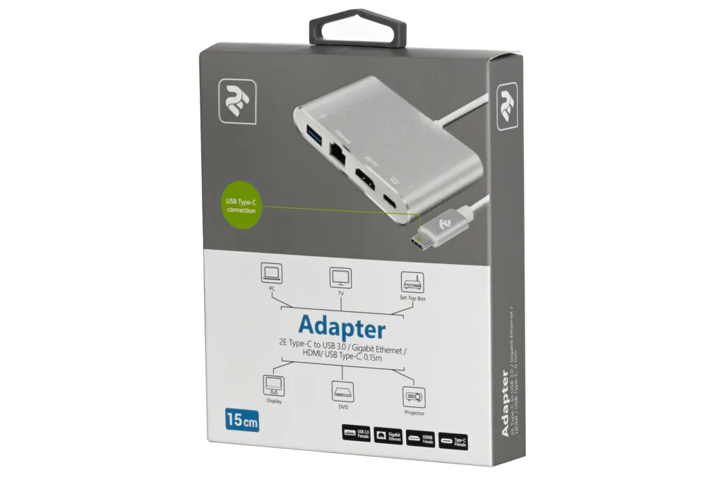 Adapter 2E Type C to USB 3.0 Female+Gigabit+HDMI Female+USB Type C Female, 0.15m