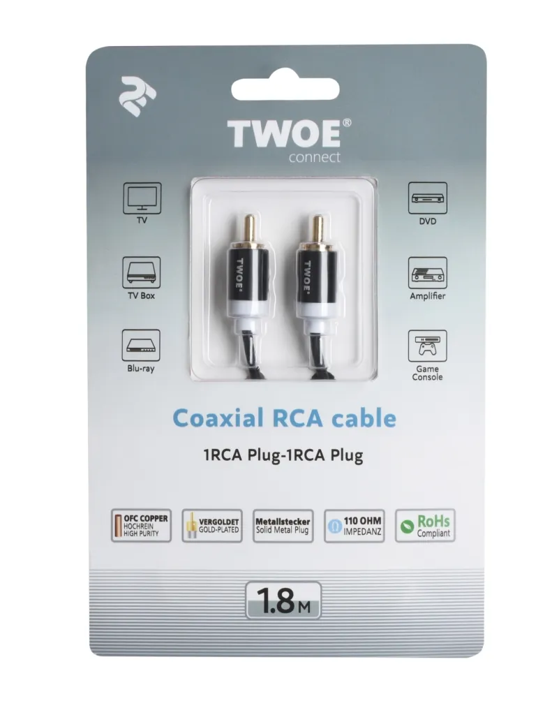 Кабель 2E 1RCA Plug – 1RCA Plug, Al, 1.8m