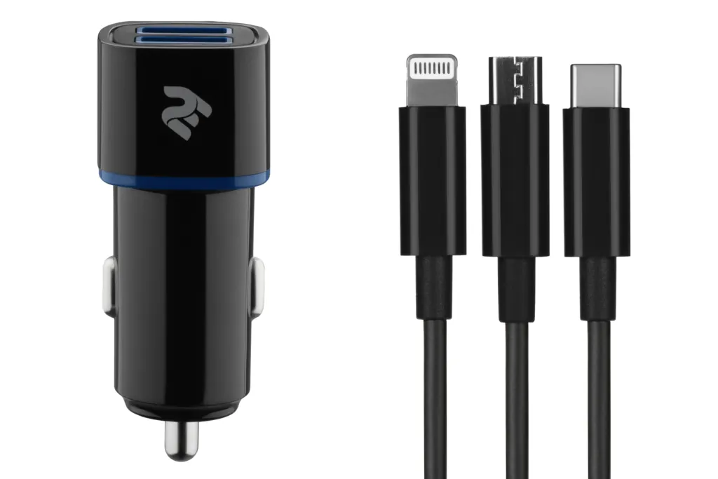 2E Набір Автомобільний ЗП 2хUSB 2.4A + кабель 3в1 Lightning/microUSB/Type-C) Black