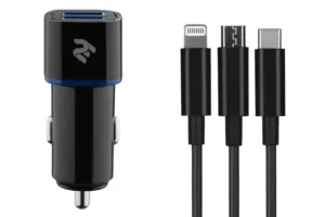 2E Набір Автомобільний ЗП 2хUSB 2.4A + кабель 3в1 Lightning/microUSB/Type-C) Black