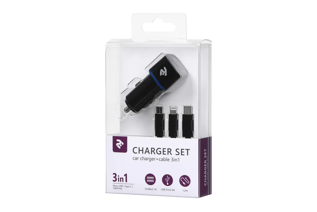 2E Набір Автомобільний ЗП 2хUSB 2.4A + кабель 3в1 Lightning/microUSB/Type-C) Black