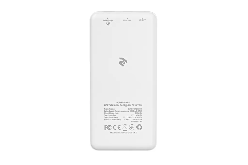 2E PB1019AQC[Портативний зарядний пристрій Power Bank 10000mAh, DC 5V, PD, QC3.0, MicroUSB, Type-C, white]