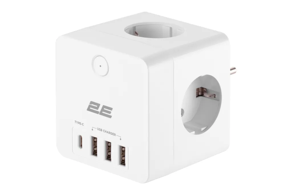 2E Adapter 4XSchuko with switch, 3*USB-A, 1*USB-C, white