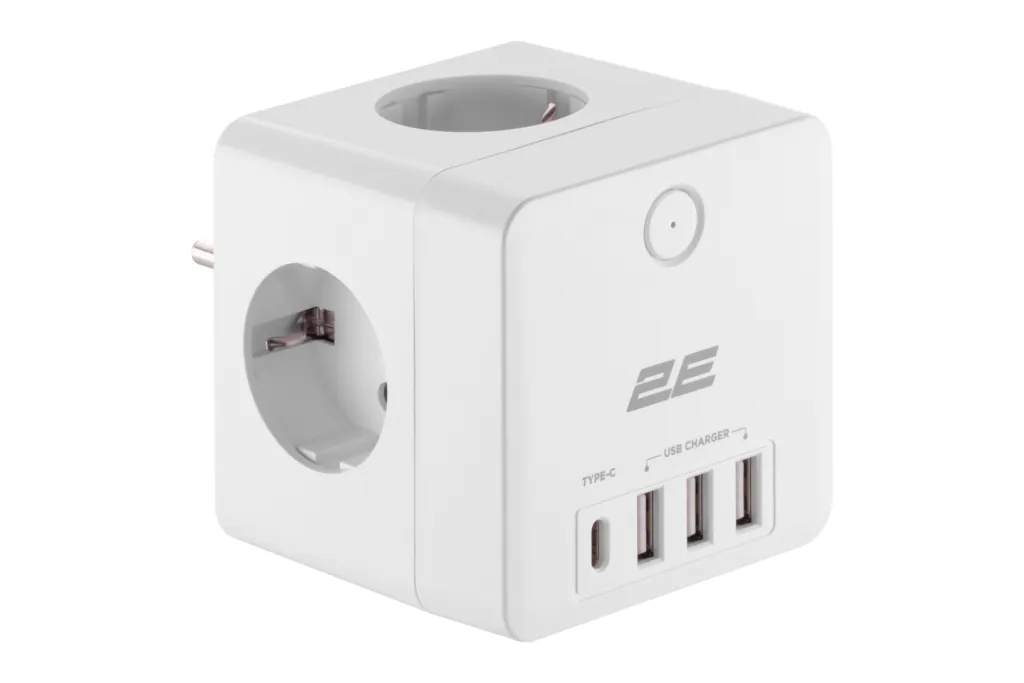 2E Adapter 4XSchuko with switch, 3*USB-A, 1*USB-C, white