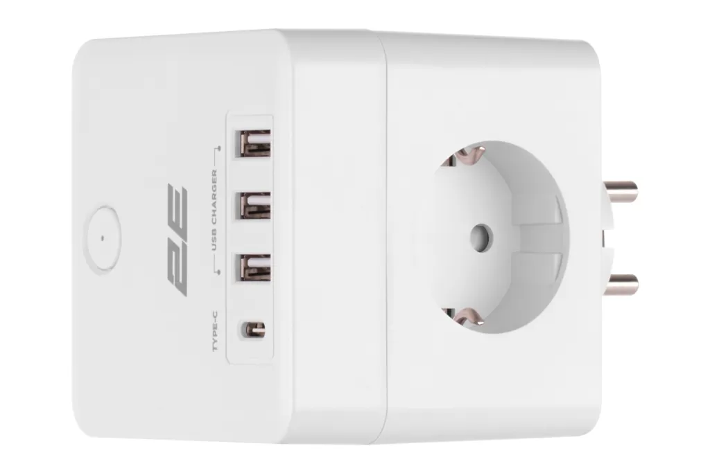 2E Adapter 4XSchuko with switch, 3*USB-A, 1*USB-C, white