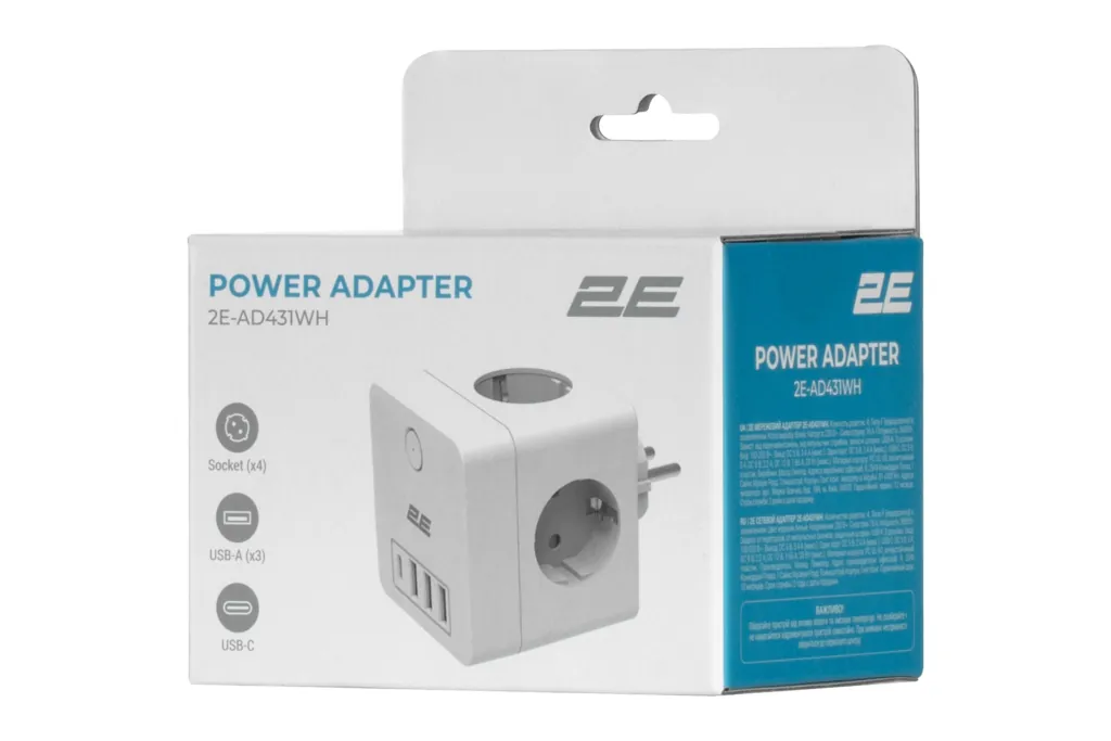 2E Adapter 4XSchuko with switch, 3*USB-A, 1*USB-C, white