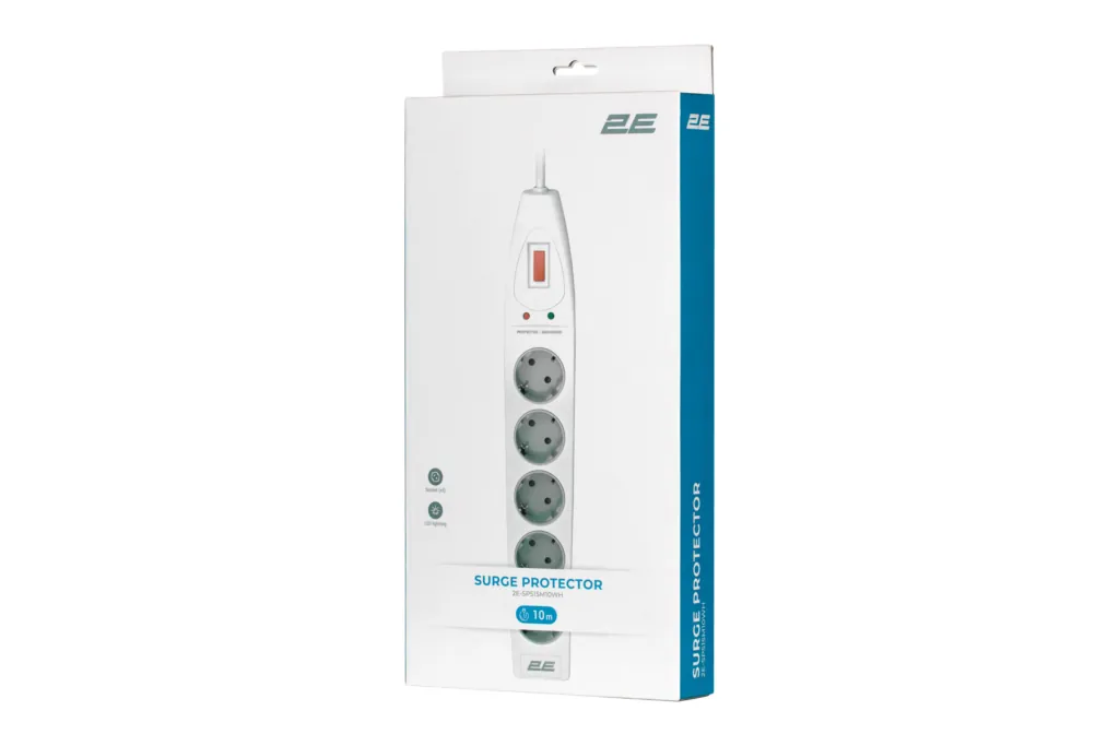 2E Surge protector with switch, G*1.5мм, 10m, white