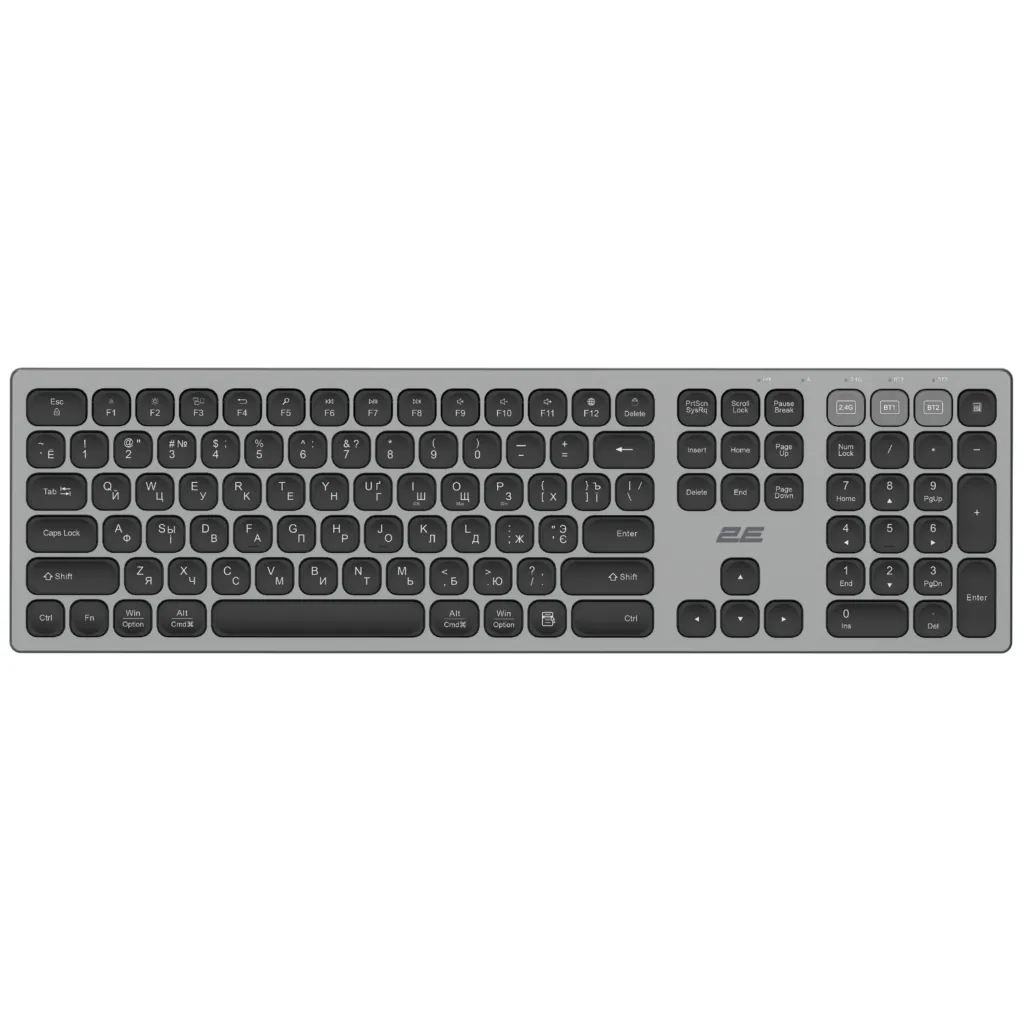 Клавиатура ножничная 2E KS270 105key, WL/BT, EN/UK/RU, серо-черный