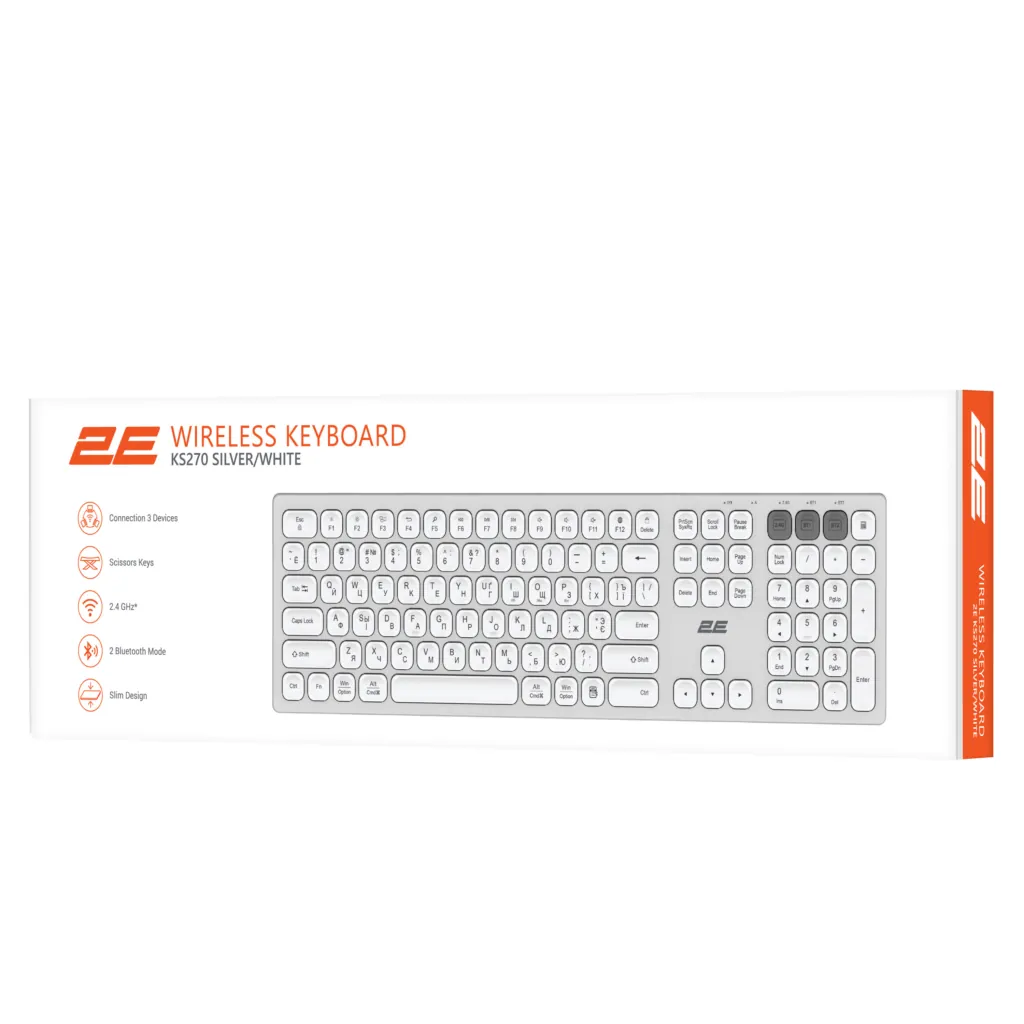 Клавиатура ножничная 2E KS270 105key, WL/BT, EN/UK/RU, серебристо-белый