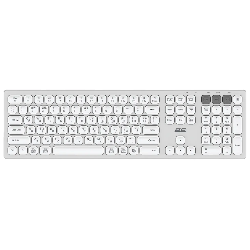 Клавиатура ножничная 2E KS270 105key, WL/BT, EN/UK/RU, серебристо-белый
