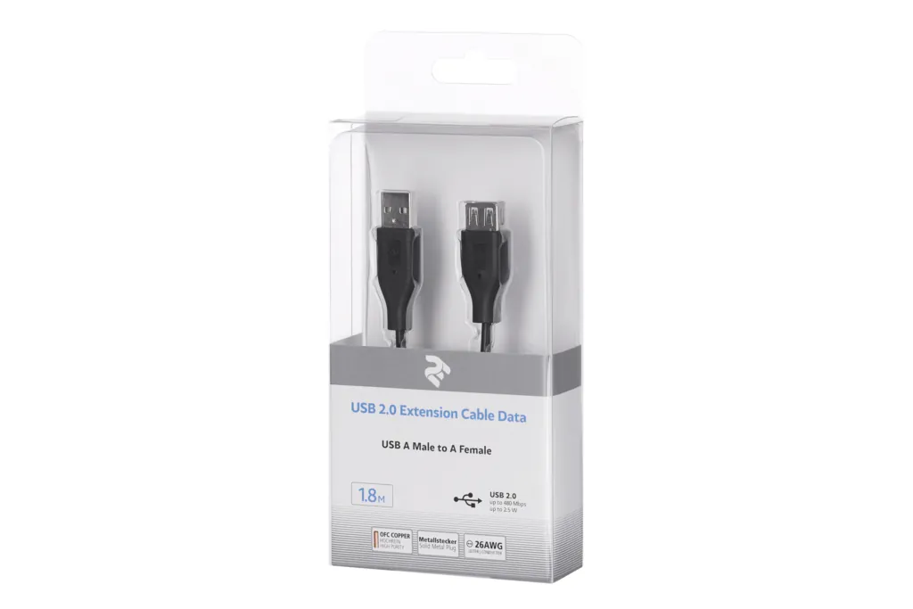 2E Cable USB 2.0 (AM/AF) 1.8m Black