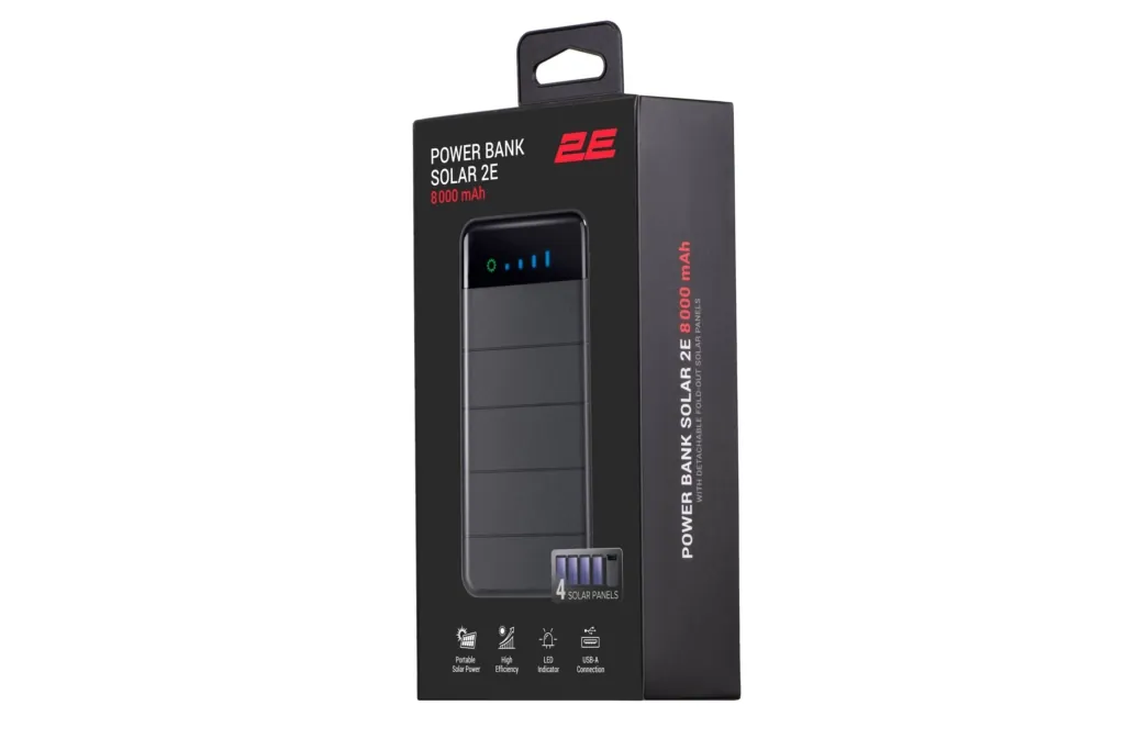 2E Акумулятор портативний літій-іонний Power Bank Solar 8000мА·год, вбудований LED-ліхтар, чорний