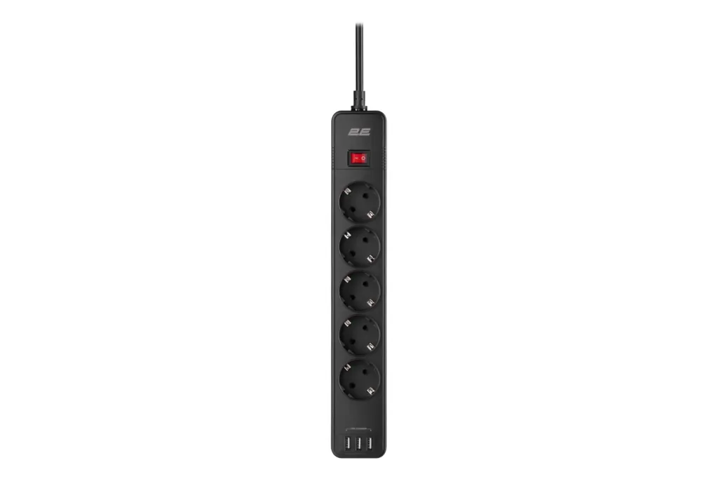 Подовжувач-фільтр мережевий 2E 5xТип F, 3×1.5мм кв, 16A, 3xUSB-A, з захистом від перенапруги, 2м, чорний