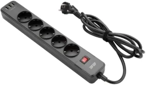 Подовжувач-фільтр мережевий 2E 5xТип F, 3×1.5мм кв, 16A, 3xUSB-A, з захистом від перенапруги, 2м, чорний