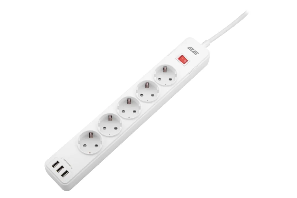 Подовжувач-фільтр мережевий 2E 5xТип F, 3×1.5мм кв, 16A, 3xUSB-A, з захистом від перенапруги, 2м, білий