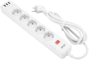 Подовжувач-фільтр мережевий 2E 5xТип F, 3×1.5мм кв, 16A, 3xUSB-A, з захистом від перенапруги, 2м, білий
