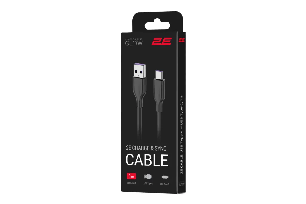 2E Сable USB-A > USB-C charge/data, 1m, Type-C, Glow, black