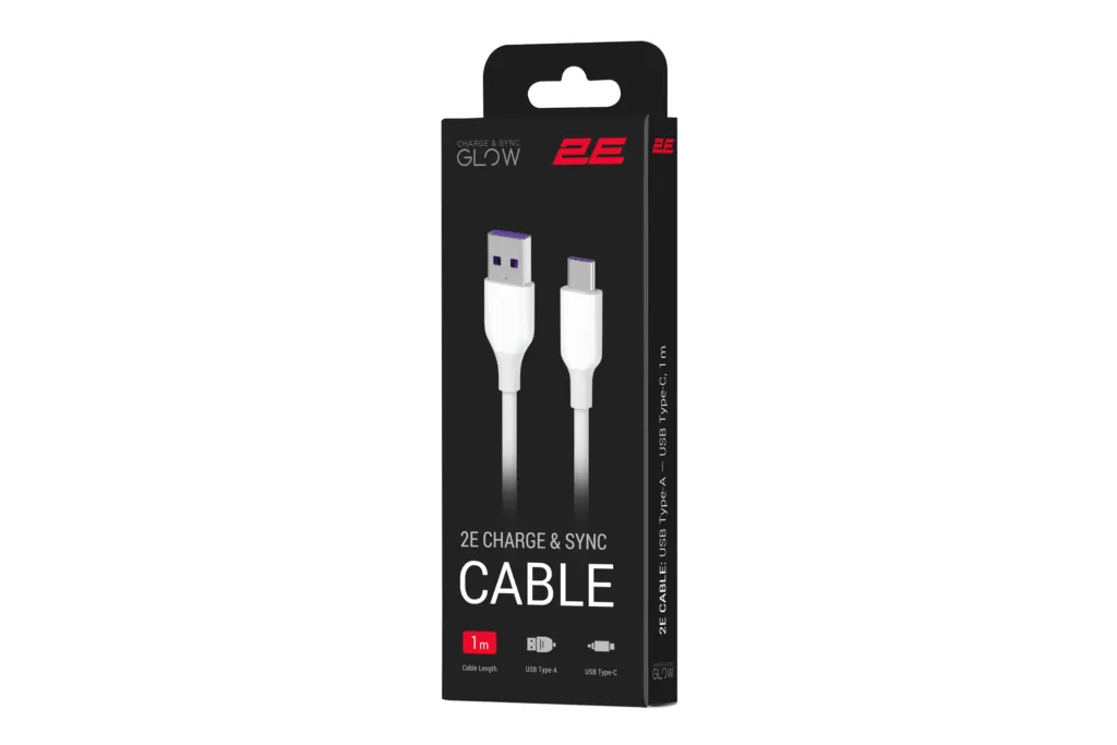Кабель USB-A > USB-C зарядки/синхронизации 2E 1м, Type-C, Glow, белый
