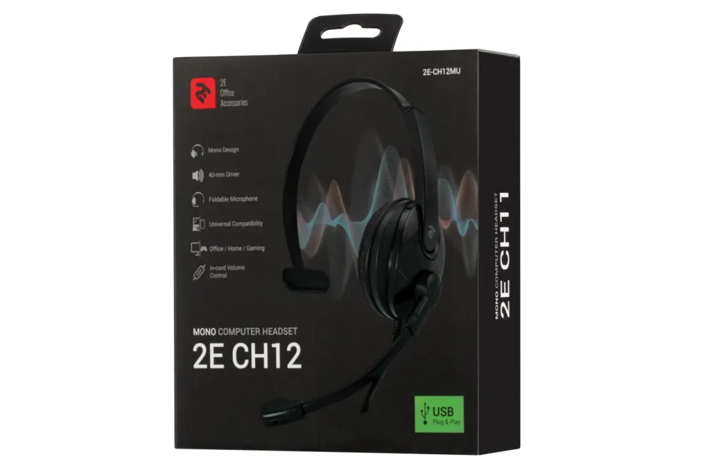 Гарнитура ПК моно On-ear 2E CH12 USB, omni-mic, 2м, черный