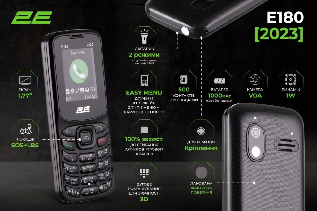 Мобільний телефон 2E E180 2023 1.77″ 2SIM, 1000мА•год, чорний