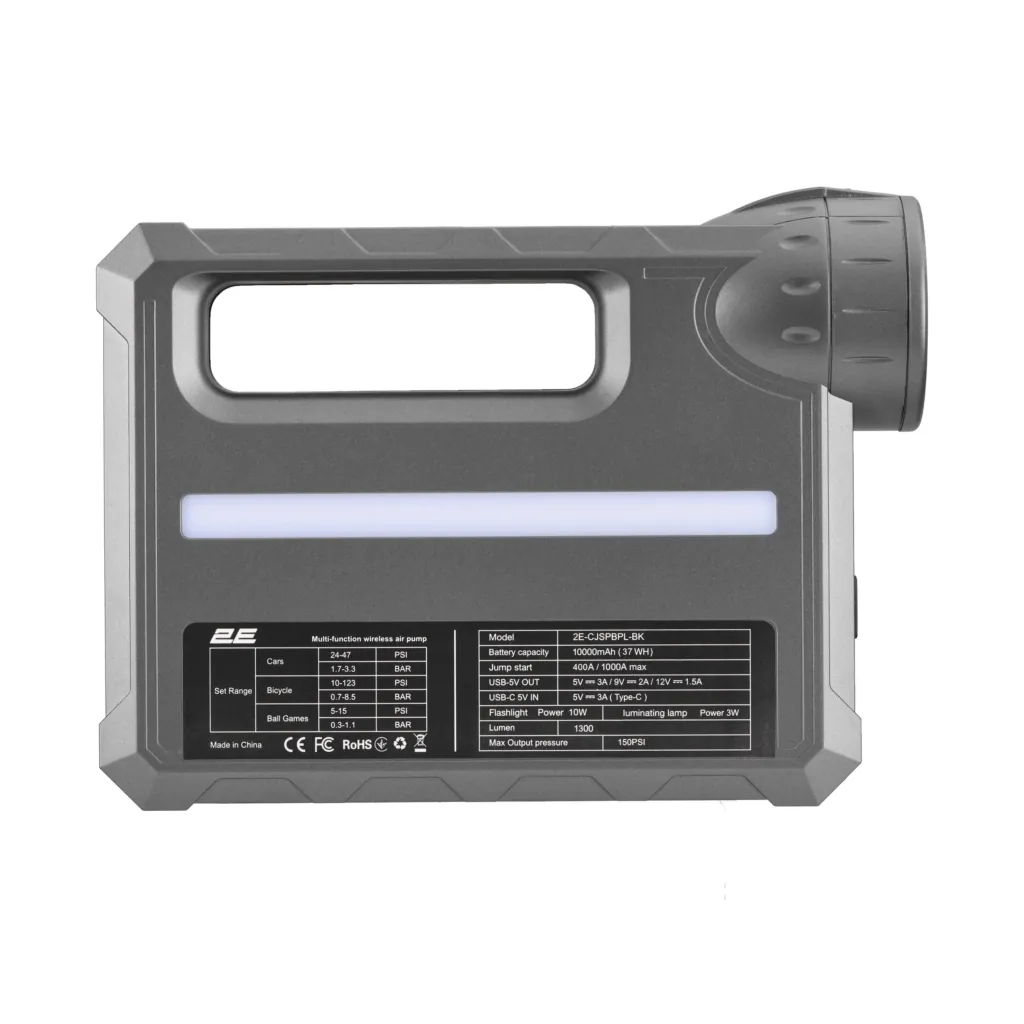 2E Pitman Jump Starter and charger portable, 400А/1000А, 10000 мА/37 W·h, power bank, compressor, flashlight, 1xUSB-A, case