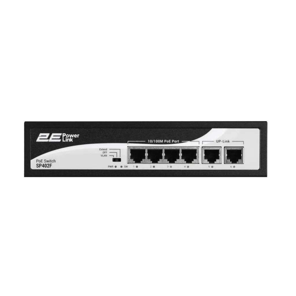 2E PowerLink Switch SP402F 6xFE (4xPoE, 2xUplink), 55W, Unmanaged