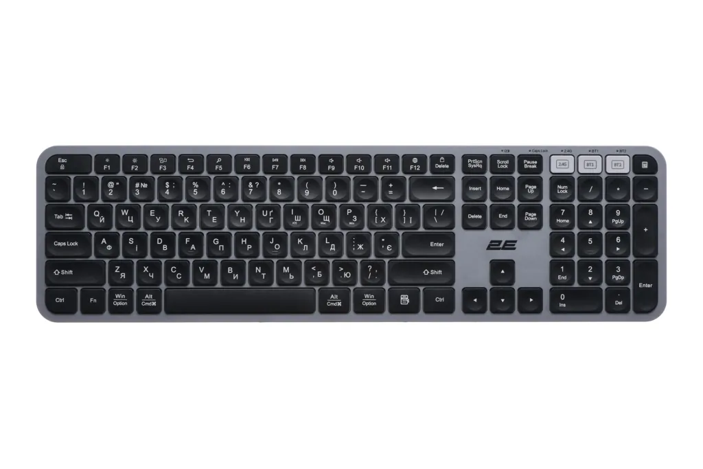 Клавиатура мембранная 2E KS240 110key, WL/BT, EN/UK, серо-чёрный