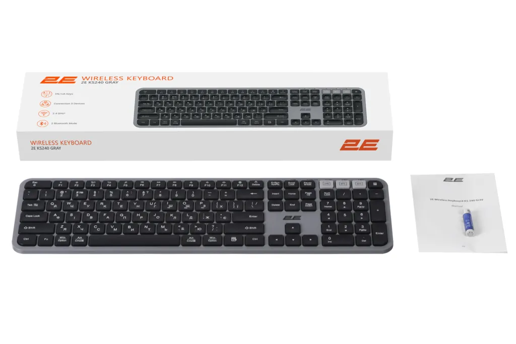 Клавиатура мембранная 2E KS240 110key, WL/BT, EN/UK, серо-чёрный