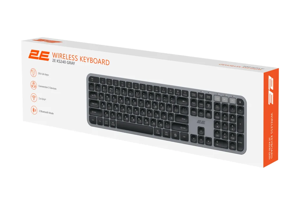 Клавиатура мембранная 2E KS240 110key, WL/BT, EN/UK, серо-чёрный