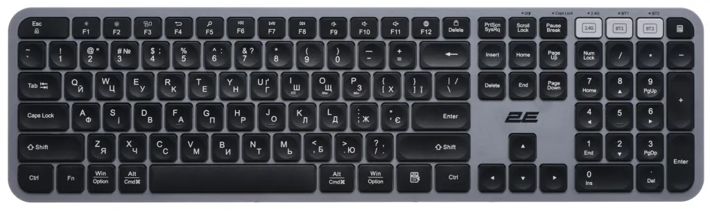 Клавиатура мембранная 2E KS240 110key, WL/BT, EN/UK, серо-чёрный
