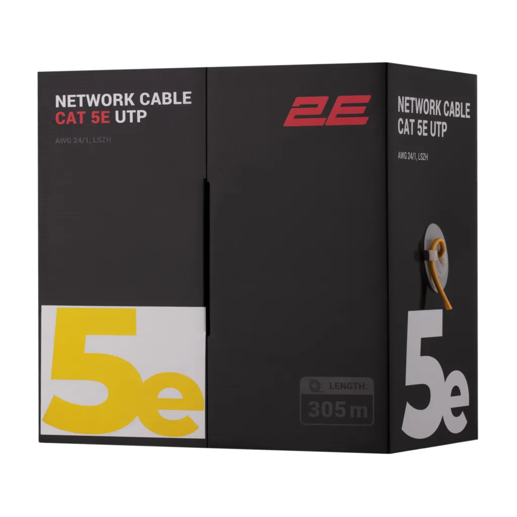 Кабель «витая пара» 2E CAT 5e, U-UTP, 305м, AWG 24/1, LSZH, желтый