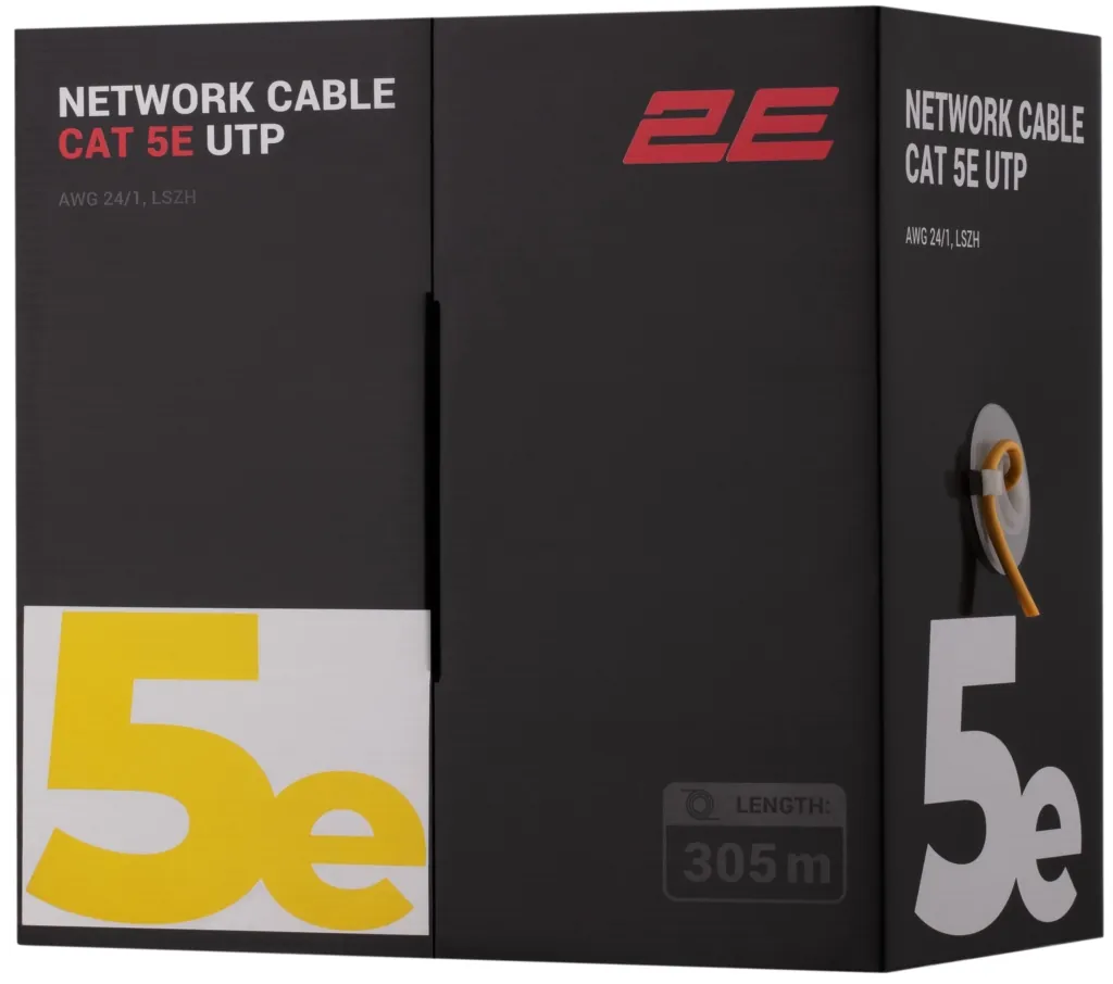 Кабель «витая пара» 2E CAT 5e, U-UTP, 305м, AWG 24/1, LSZH, желтый