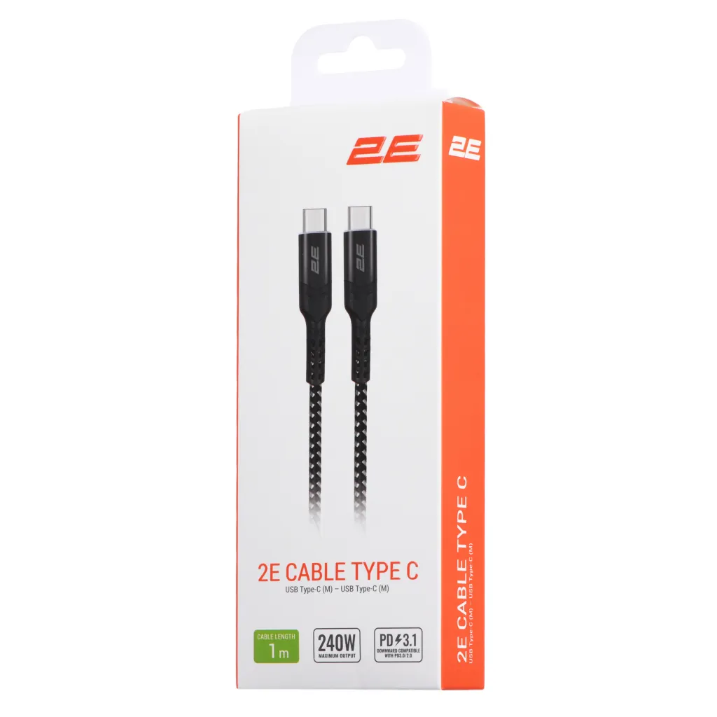 2E Сable USB-C > USB-C charge/data, 1m, 240W Type-C, Aluminum Shell, black