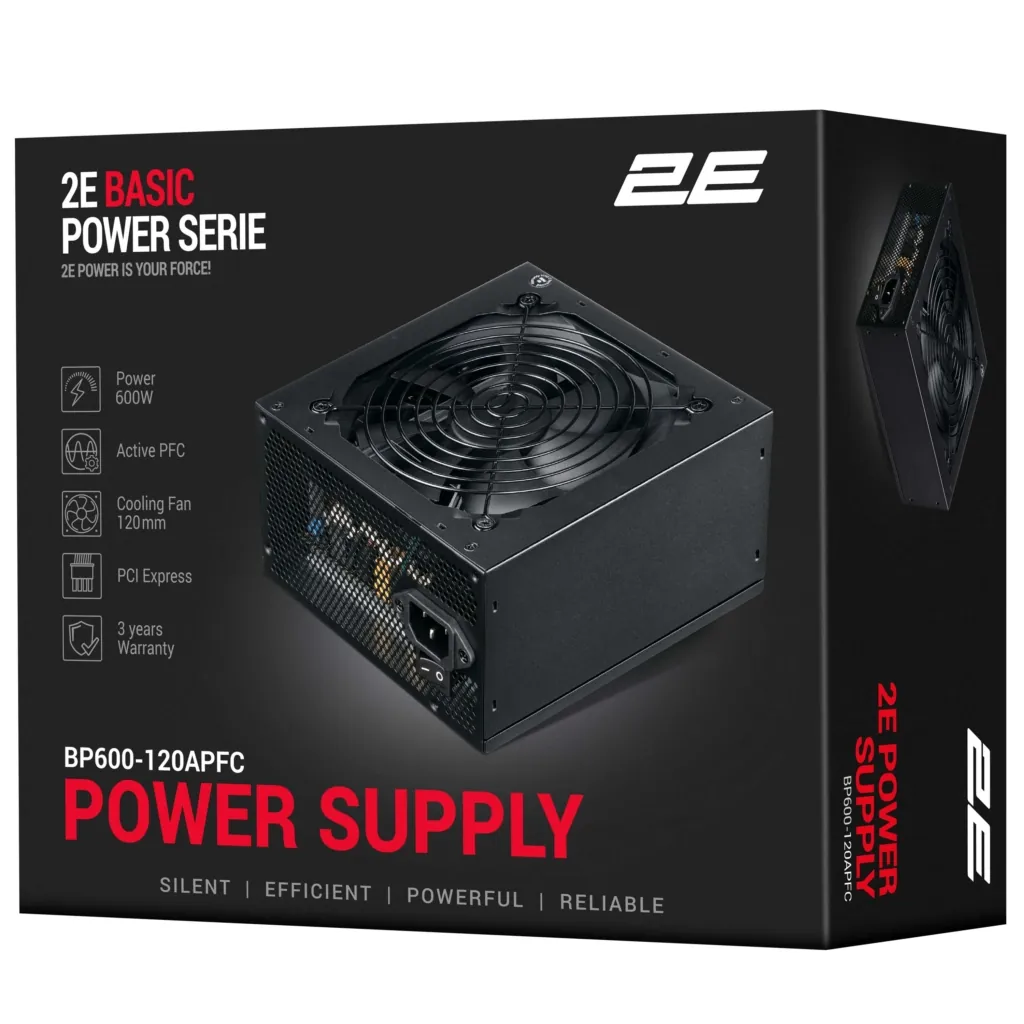 2E PSU Basic Power  (600W), 80%, 120mm, 1xMB 24pin(20+4), 1xCPU 8pin(4+4), 3xMolex, 4xSATA, 2xPCIe 8pin(6+2)