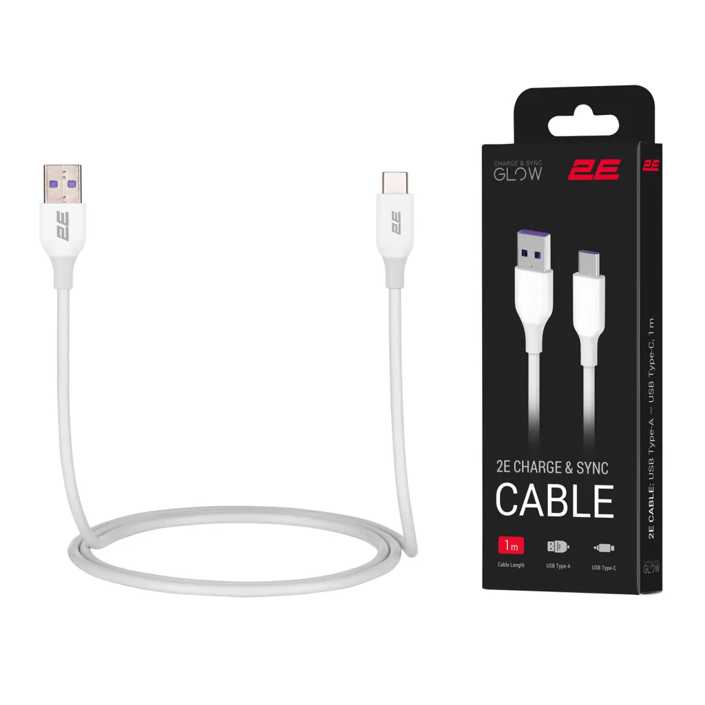 Кабель USB-A > USB-C зарядки/синхронизации 2E 1м, Type-C, Glow, белый