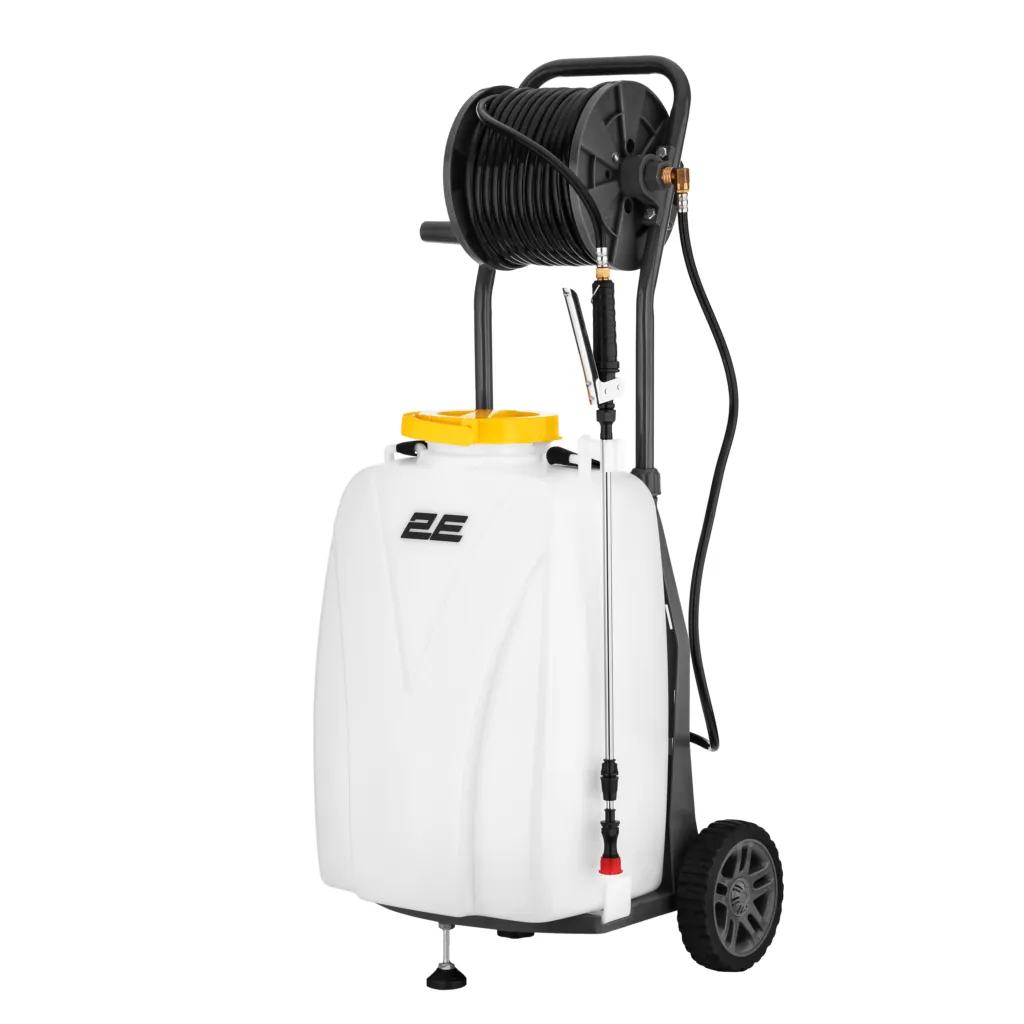 Опрыскиватель аккумуляторный 2E AquaSpray 40LRC 40л 12В 1х12А·ч 7бар 6л/мин вольтметр колеса катушка шланг 30м 16кг