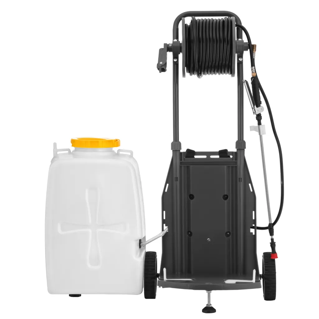 Опрыскиватель аккумуляторный 2E AquaSpray 40LRC 40л 12В 1х12А·ч 7бар 6л/мин вольтметр колеса катушка шланг 30м 16кг