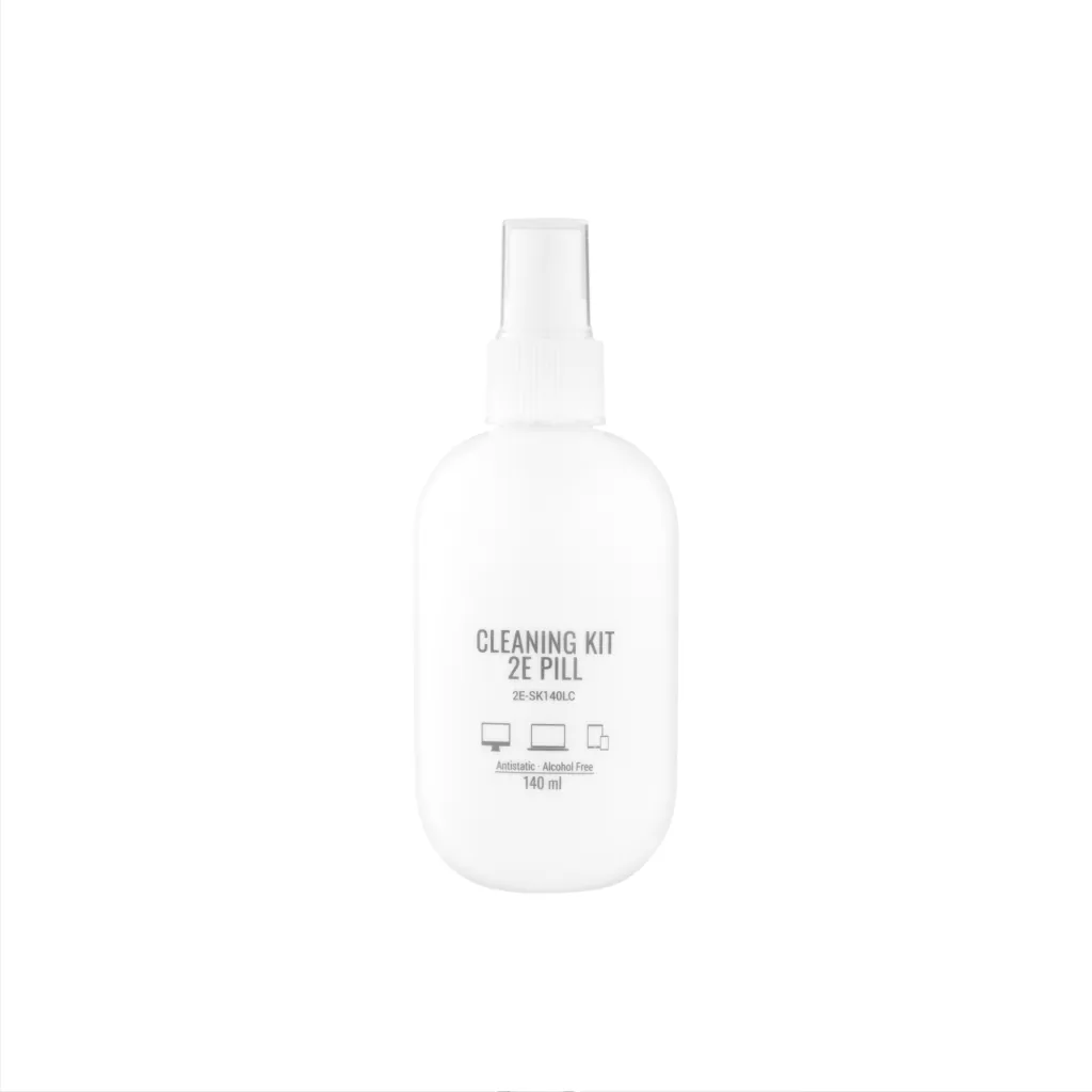 Cleaning kit 2E PILL for office equipment (liquid 140ml, whipe 20cm), white-lilac