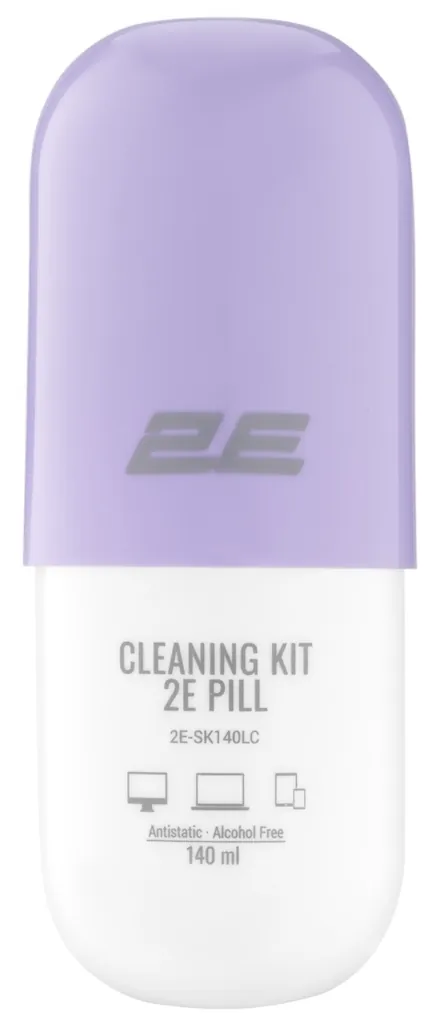 Cleaning kit 2E PILL for office equipment (liquid 140ml, whipe 20cm), white-lilac
