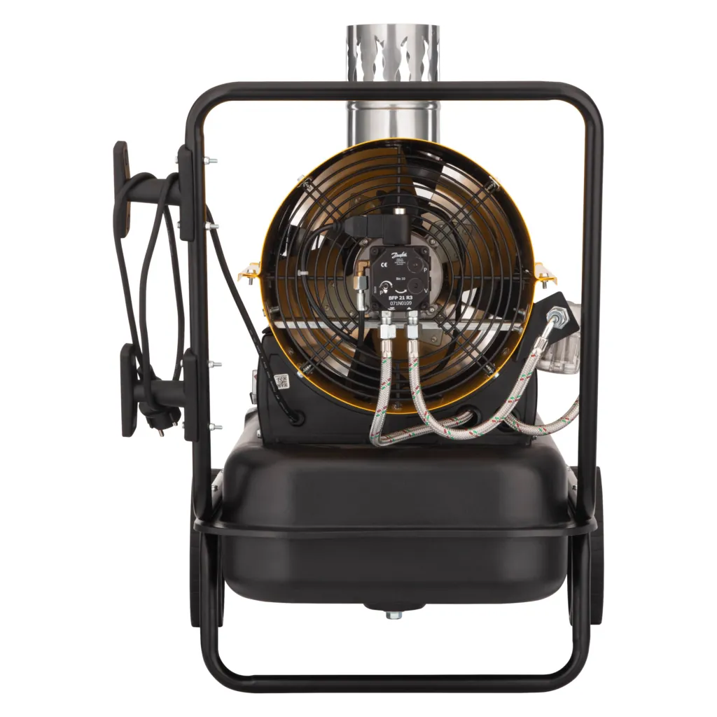 2E Fan Heater diesel/kerosene PowerHeat D30i, indirect heating, 30kW, 400m sq, 780m cubic/h, wheels, IPX4, yellow