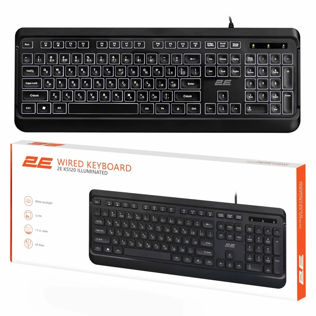 Клавіатура мембранна 2E KS120 104key, USB-A, EN/UK, White LED, чорний
