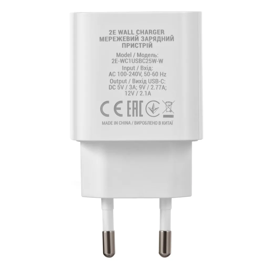 Зарядний пристрій мережевий 2E 25Вт USB-C PD, білий