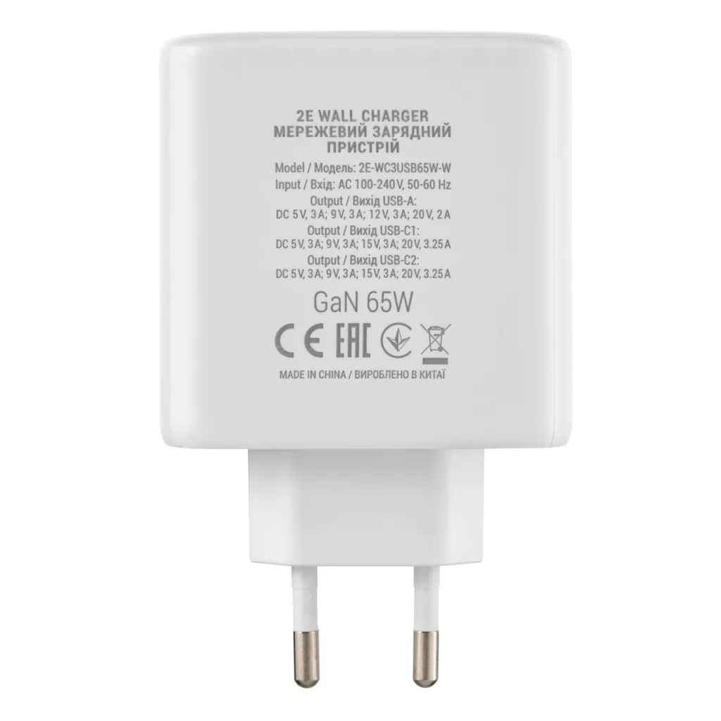 Зарядное устройство сетевое 2E 65Вт 2хUSB-C/USB-A GAN PD/QC, белый
