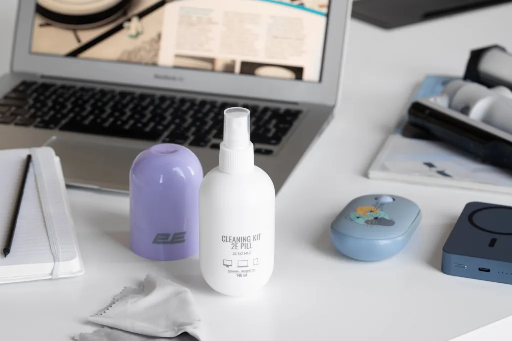 Cleaning kit 2E PILL for office equipment (liquid 140ml, whipe 20cm), white-lilac