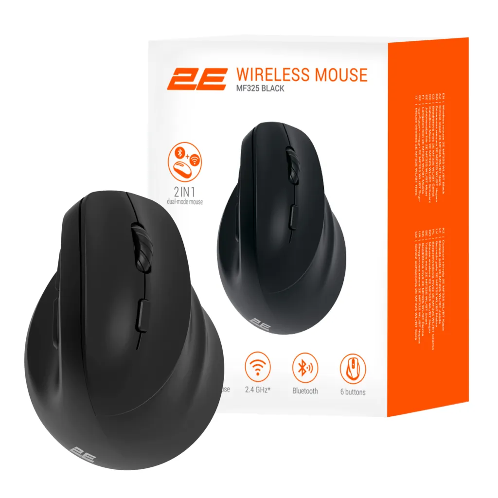 Мышь 2E MF325 Silent, WL/BT, вертикальная, чёрный